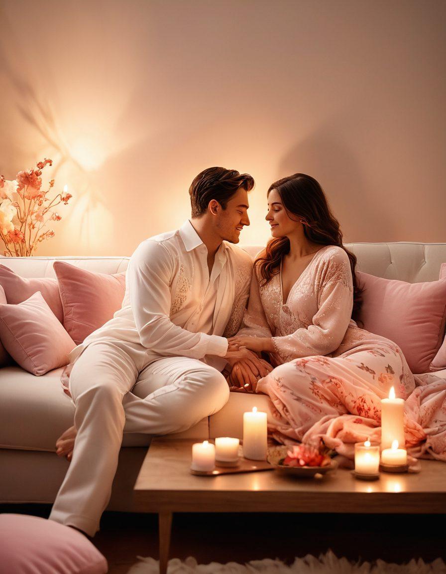 A warm, cozy scene featuring a couple sitting together on a plush sofa, surrounded by soft pillows and flickering candles. Their hands are gently intertwined, with glowing hearts and delicate floral patterns floating around them, symbolizing tenderness and passion. A soft, inviting color palette of rich reds, soothing pinks, and calming whites enhances the atmosphere of intimacy. super-realistic. soft lighting. warm tones.