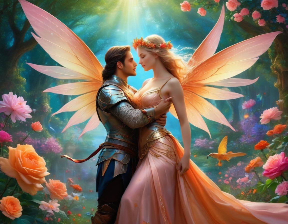 A whimsical scene depicting a strong mythological hero and a graceful goddess entwined in a vibrant garden filled with flowers symbolizing love and strength. The hero, with armor gleaming, offers a rose to the goddess, who is adorned with flowing ethereal garments and a gentle smile. Above them, a sky filled with mythical creatures like fairies and flying dragons adds to the magical atmosphere. The colors are rich and saturated, creating an enchanting vibe. fantasy art. vivid colors. magical ambiance.